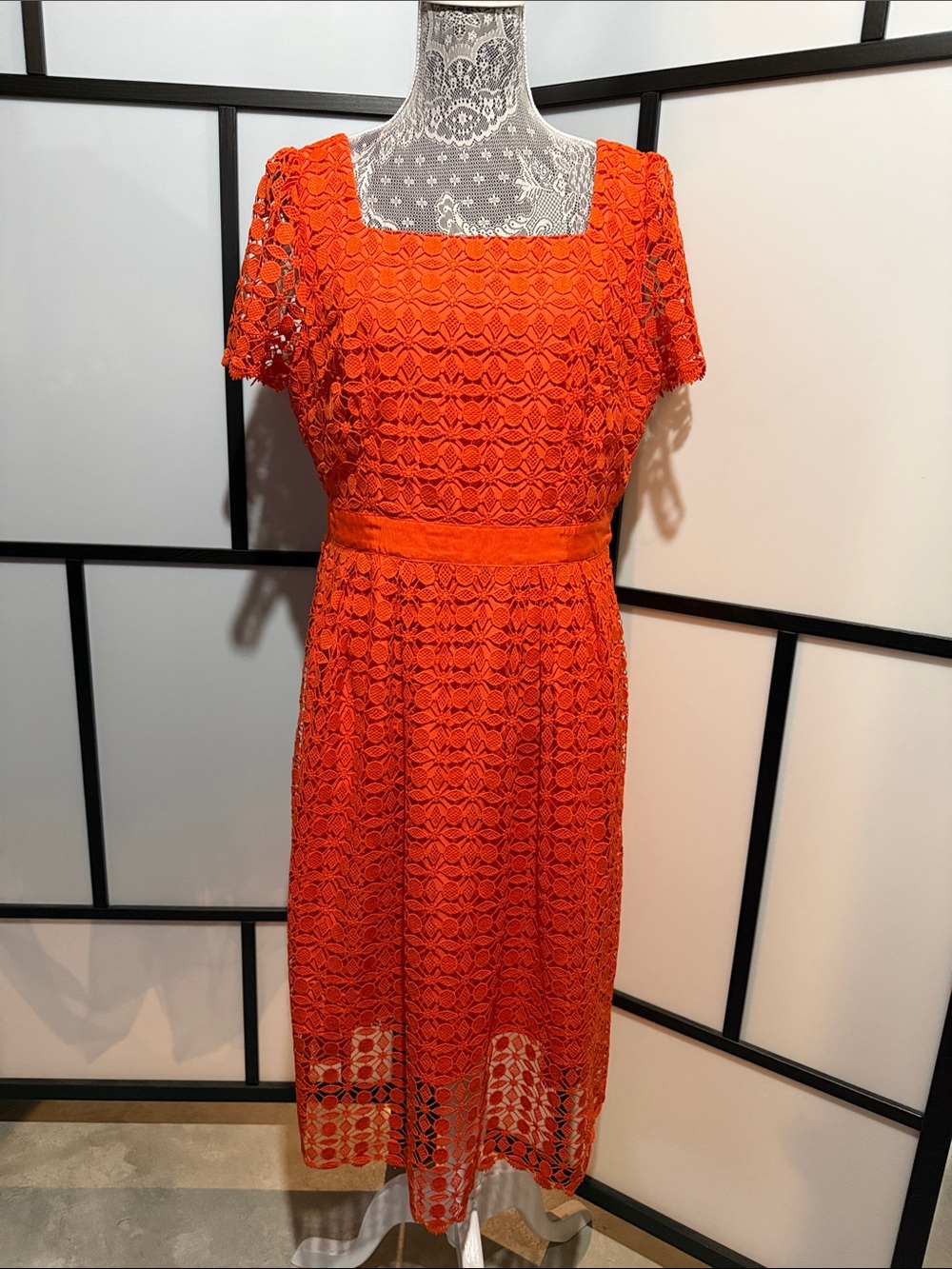 Talbots Bright Orange Lace Midi Dress with Square Neckline